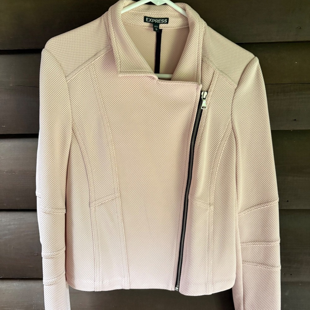 Express Womens Pink Textured Knit Asymmetric Zip Moto Jacket Size Medium M